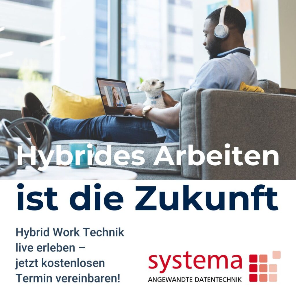 Werbebanner, der auf eine Anmeldung für eine Live-Vorführung zum Thema Hybrides Arbeiten verweist