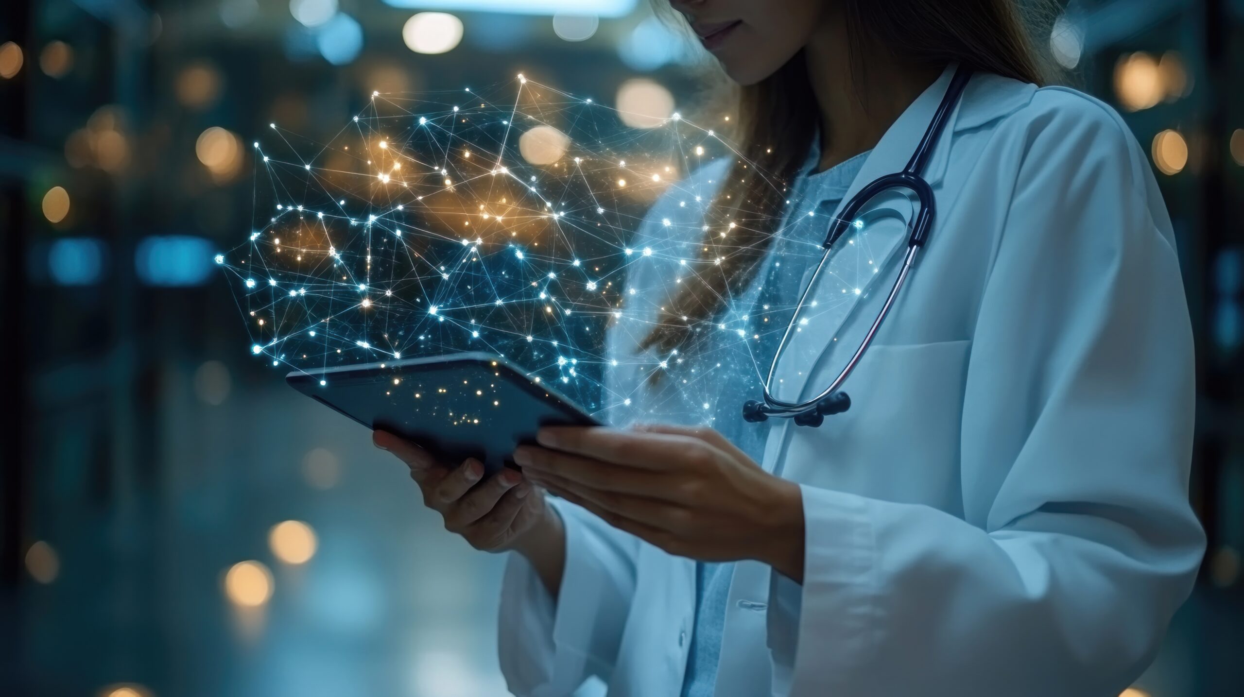 Doctor Examining Digital Network on Tablet